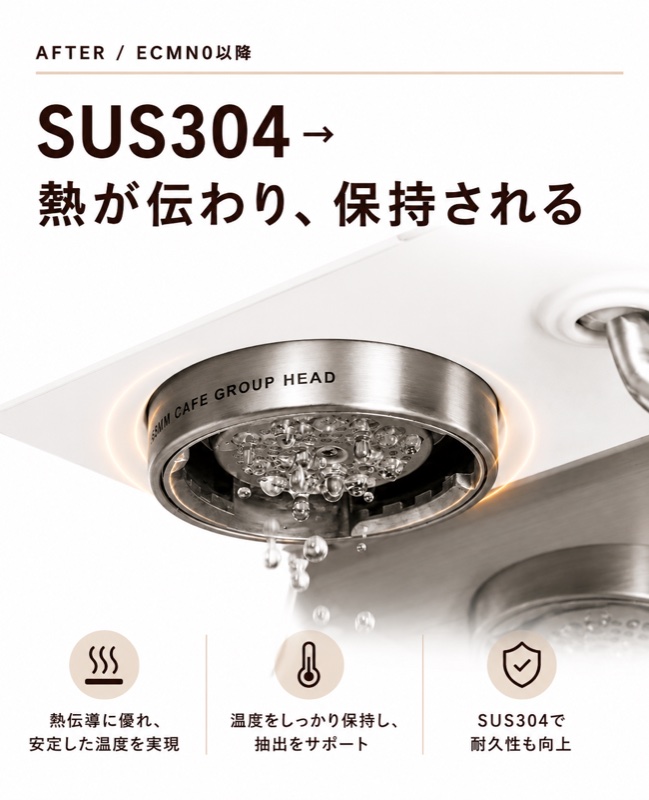 AFTER ECMN0以降：SUS304 → 熱が伝わり、保持される（熱伝導／温度保持／耐久性）