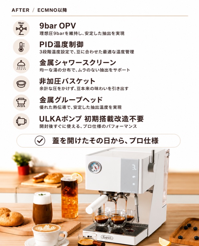 AFTER ECMN0以降：9bar OPV / PID温度制御 / 金属シャワー / 非加圧バスケット / 金属GH / ULKAポンプ 初期搭載・改造不要。蓋を開けたその日から、プロ仕様