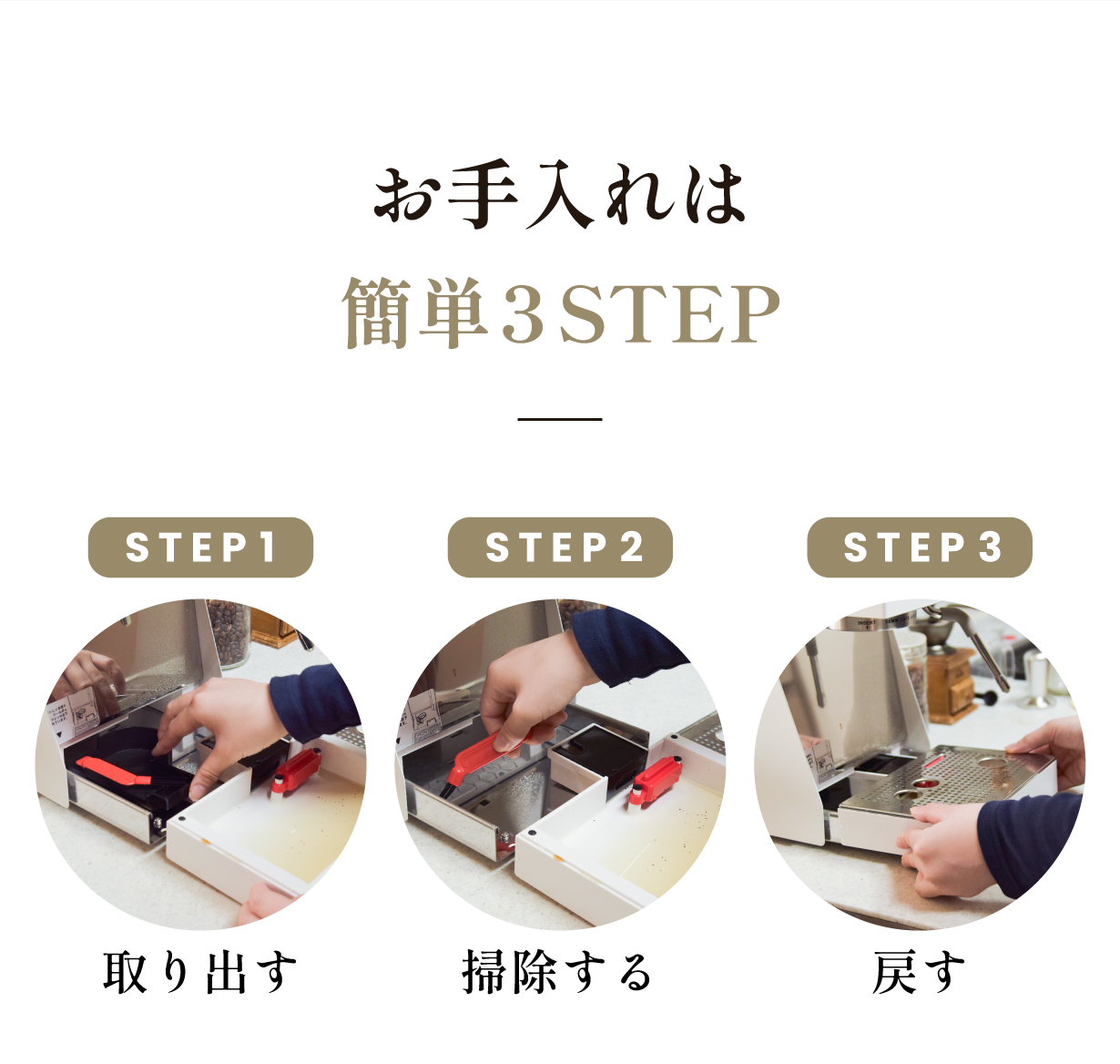 お手入れは簡単3STEP（取り出す／掃除する／戻す）
