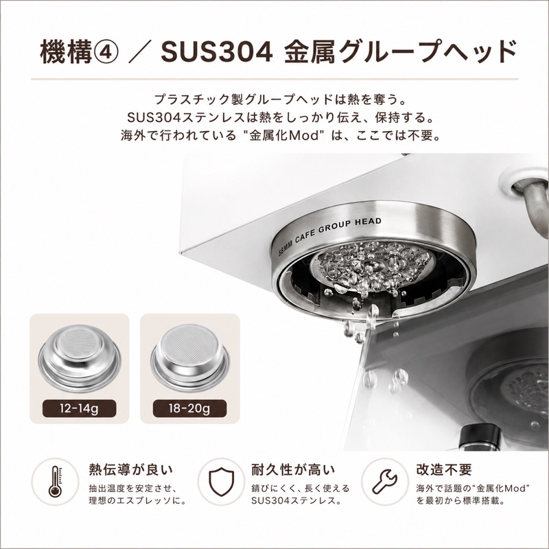 機構④ SUS304 金属グループヘッド。プラスチック製グループヘッドは熱を奪う。SUS304ステンレスは熱伝導が良く、耐久性が高く、改造不要で標準搭載。