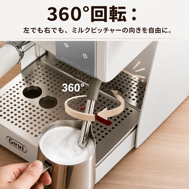 360°回転：左でも右でも、ミルクピッチャーの向きを自由に。