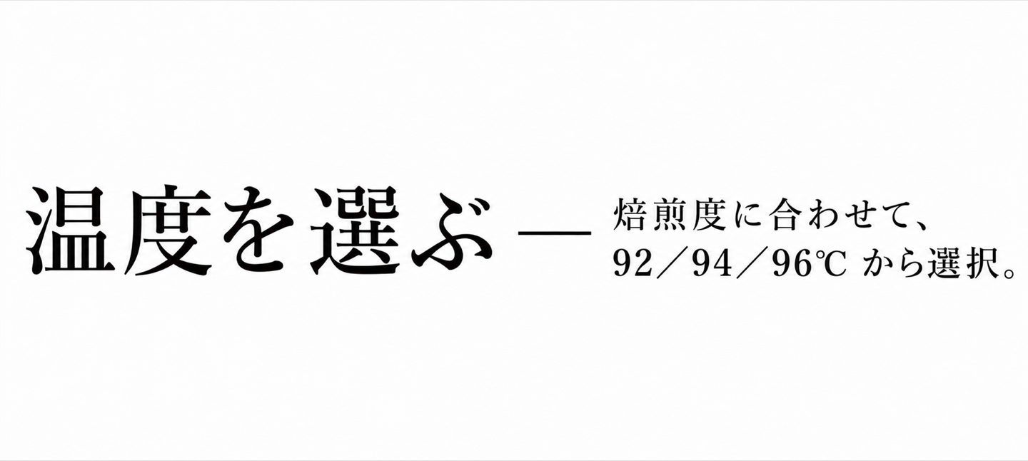 STEP 3 温度を選ぶ — 焙煎度に合わせて、92／94／96℃ から選択。